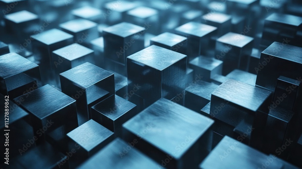 Aufkleber abstract 3d rendering of a field of metallic blue cubes, reflecting light.