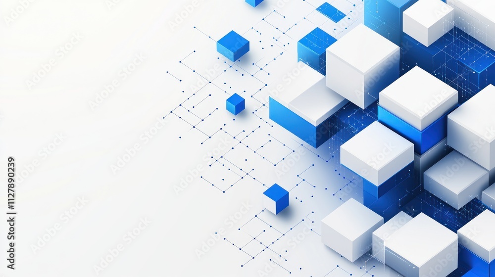 Poster abstract 3d rendering of blue and white cubes connected by lines on a white background.