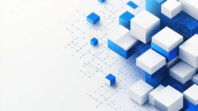 Fototapeta Abstract 3D rendering of blue and white cubes connected by lines on a white background.