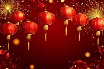 Chinese New Year Celebration with Red Lanterns and Fireworks