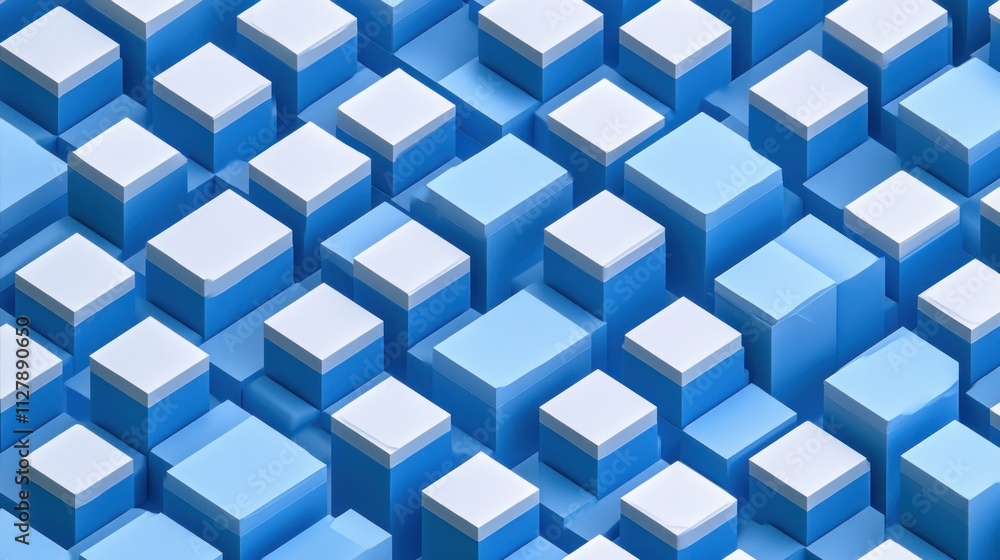 Poster abstract 3d rendering of blue and white cubes forming a complex geometric pattern.