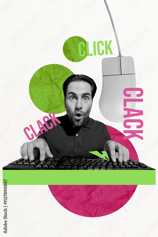 Aufkleber trend artwork creative sketch 3d photo collage of keyboard type press button wire mouse click young 