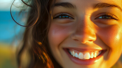 person with a bright, genuine smile, eyes sparkling with joy, warm background