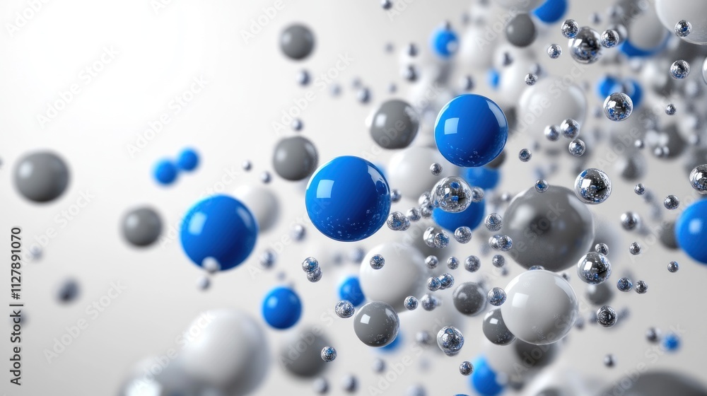Poster abstract 3d rendering of blue, white, and gray spheres floating in space.