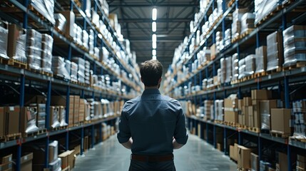 Man in a warehouse contemplating rows of inventory on shelves.
