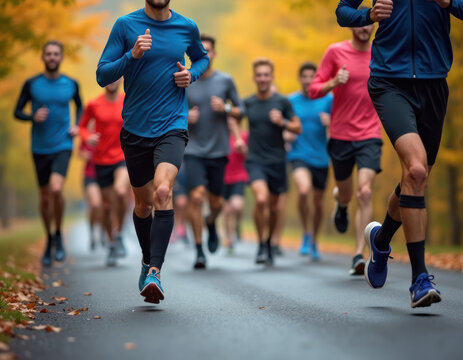 Group of people running on path in park. Runners in various colors sports clothing. Autumn leaves on ground. People active. Participating in running club event. Autumn. Running popular activity.