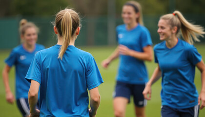 Diverse women soccer team practices teamwork outdoors. Players in blue uniforms run, interact on grassy field. Focuses on energetic practice session for mixed gender sports team. Action shot of - Powered by Adobe