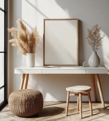 Minimalist Scandinavian Interior with White Desk and Blank Frame Natural Light