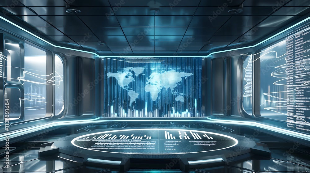 Poster futuristic 3d display of business financial data with holographic charts, interactive data bars, and