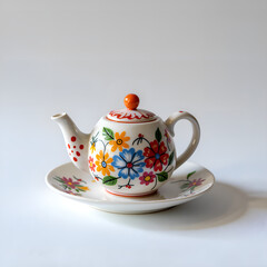 Charming flowers teapot on saucer  a delightful ceramic piece with colorful floral design, still life photography of object focus concept.