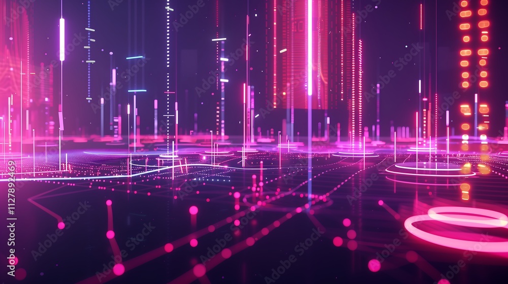 Poster interactive 3d representation of business performance metrics, with floating data points and animate