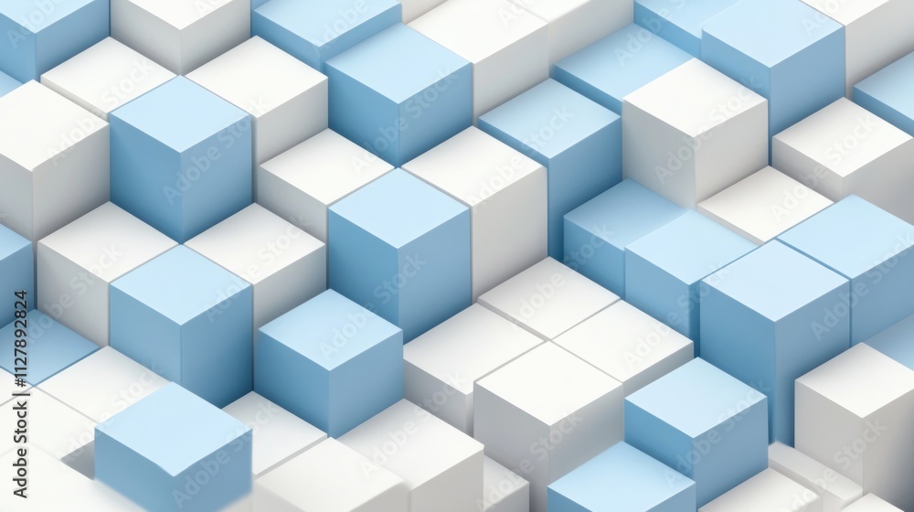 Poster abstract 3d rendering of light blue and white cubes in a dynamic pattern.