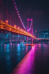 Obraz premium A long city bridge lit with neon lights in shades of pink and orange, the colors contrast sharply with the dark, Generative AI 