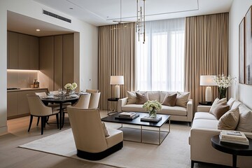 Fototapeta premium Elegant Minimalist Living Room Design Ideas with Chic Dining Area and Beige Accents