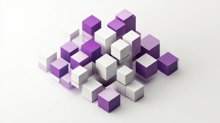 Abstract 3D rendering of purple and white cubes forming a dynamic pattern on a white background.