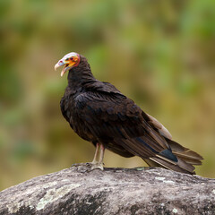 Urubu de cabeça amarela com o bico aberto (Cathartes burrovianus) na pedra em close up, sob um fundo desfocado