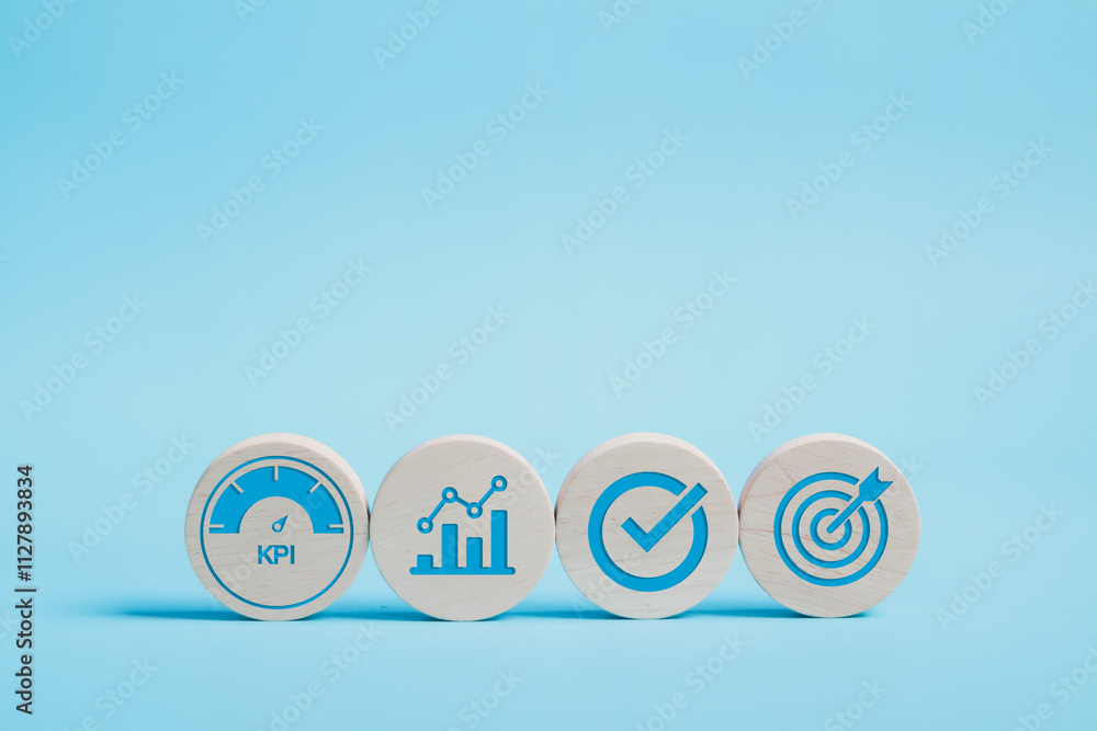 Poster kpi, business performance indicators, data management system icon on wooden block to make report wit