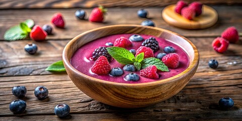 Delicious berry smoothie bowl with fresh raspberries, blackberries, blueberries, and mint garnish