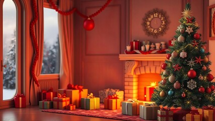 Obraz premium Cozy home interior with decorated Christmas tree, pile of presents, and festive atmosphere, 3d rendering, celebration