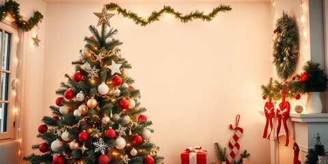 Cozy living room adorned with Christmas decorations on white background, warm, celebratory