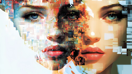 Exploring pixelated glitch art in face recognition techniques and their digital impact. Tessellation. Illustration