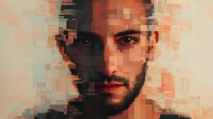 Exploring pixelated glitch art in face recognition techniques and their digital impact. Tessellation. Illustration
