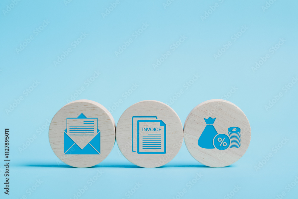 Poster e-invoice and online digital statements concept. wooden block with invoice icons on blue background
