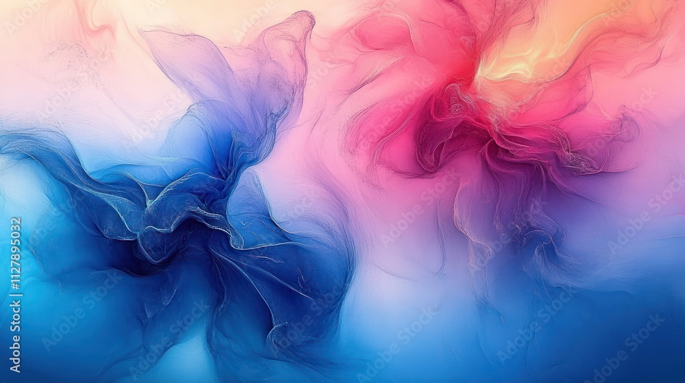 Poster abstract fluid design in blue and pink with ethereal transparency and soft lighting