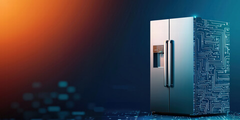 A modern refrigerator with a sleek design, showcasing a digital circuit pattern, symbolizing advanced technology and smart home integration.