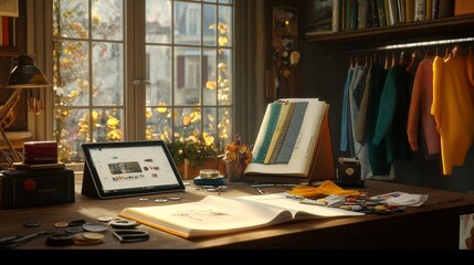 An ultra-detailed, high-resolution 8k image of a fashion designer's desk