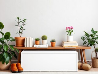 Cozy living room interior with wooden bench, plants in flowerpots, stucco wall, books, brown slippers, round box, personal accessories, flowerpots, composition