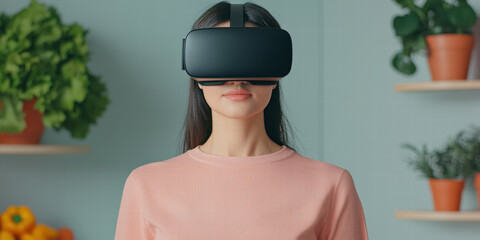 A woman wearing a virtual reality headset stands in a bright room with plants, immersed in a digital experience.