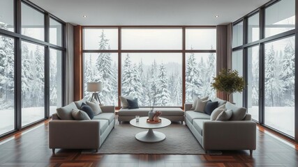 Fototapeta premium Cozy living room with a large sofa and panoramic window facing winter forest view, panoramic window, snowscape
