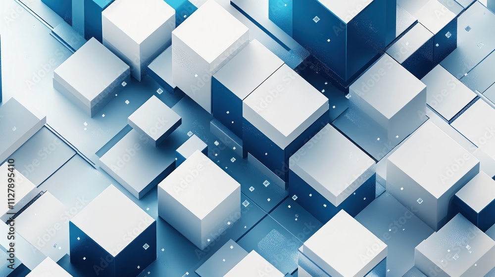 Poster abstract 3d rendering of white and blue cubes forming a complex geometric pattern.