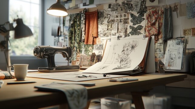 An ultra-detailed, photorealistic fashion designer's workspace captured in high resolution