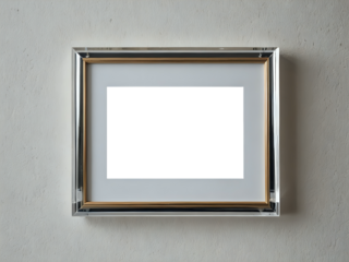 Crystal or glass and golden rectangular photo or picture frame template mounted on white wall. 300dpi