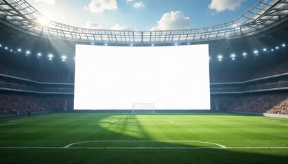 Large empty white screen mockup in a soccer stadium. Full stadium is filled with spectators. Daytime scene. Empty soccer field. Blank screen for displaying content or advertising.
