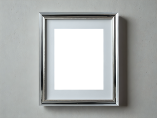 Silver Crystal or glass rectangular photo or picture frame template mounted on white wall. 300dpi