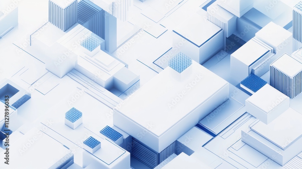 Poster abstract 3d rendering of white and light blue geometric shapes, creating a futuristic cityscape or t