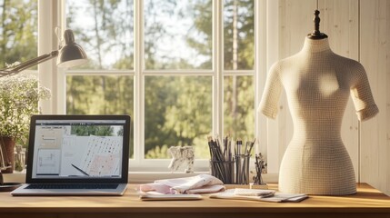 An ultra-detailed, photorealistic fashion designer's workspace captured in high resolution