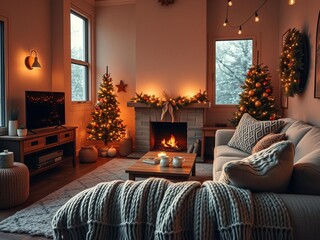 Cozy winter scene with mug of hot tea on table, woolen blanket, fireplace, generative AI technology, fireplace, hygge