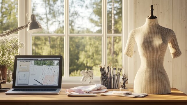 An ultra-detailed, photorealistic fashion designer's workspace captured in high resolution