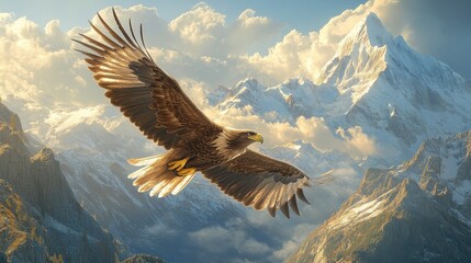 Majestic Eagle Soaring Over Snow-Capped Mountain Peaks in a Stunning Natural Landscape