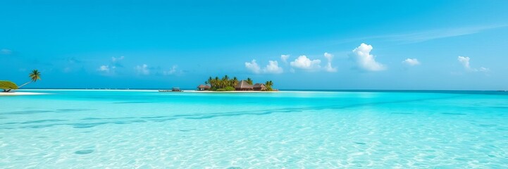 Fototapeta premium Crystal clear turquoise waters surround a picturesque Maldivian island, reflecting the vibrant blue sky and lush green palm trees, crystal clear, island