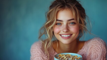 Naklejka premium Bright Smile and Healthy Breakfast in Soft Natural Light