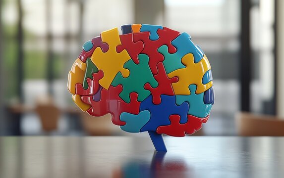 Colorful 3D puzzle pieces forming a brain shape