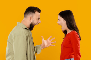 A young married couple stands facing each other, demonstrating a strong emotional conflict. The man raises his hand to express frustration while the woman passionately responds.