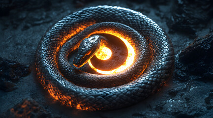A coiled snake encircles a glowing orb, blending dark textures with vibrant light, creating a mystical and intriguing atmosphere.