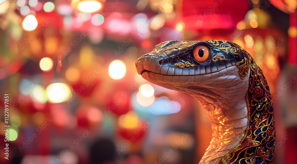Poster a colorful, decorative lizard statue stands against a backdrop of festive red lanterns, creating a v