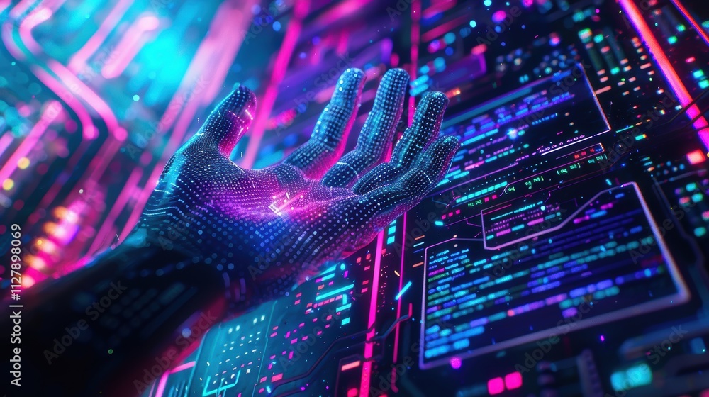 Poster a hand is reaching out to touch a computer screen with a blue background. generative ai